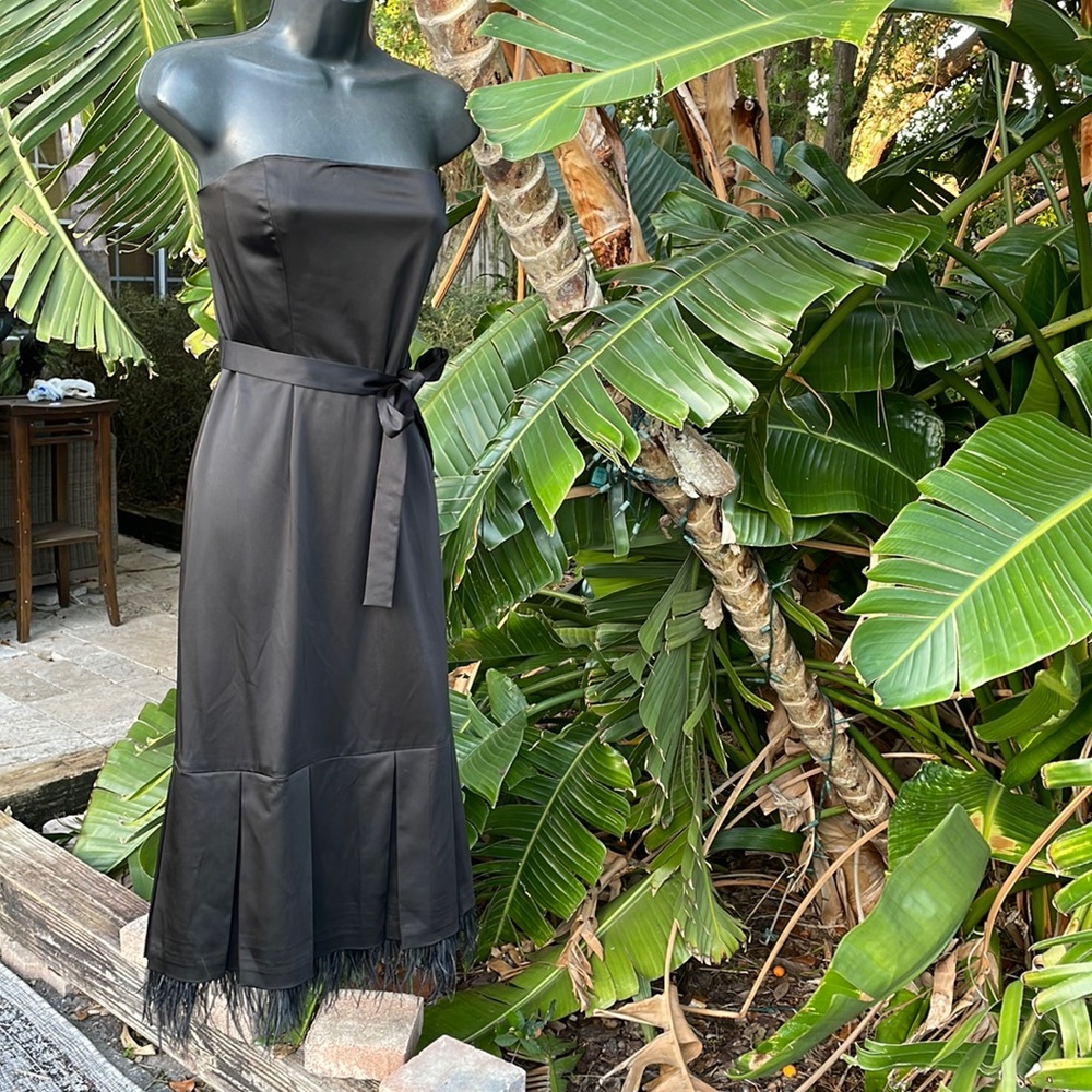 BCBG strapless midi with ostrich feather hem
